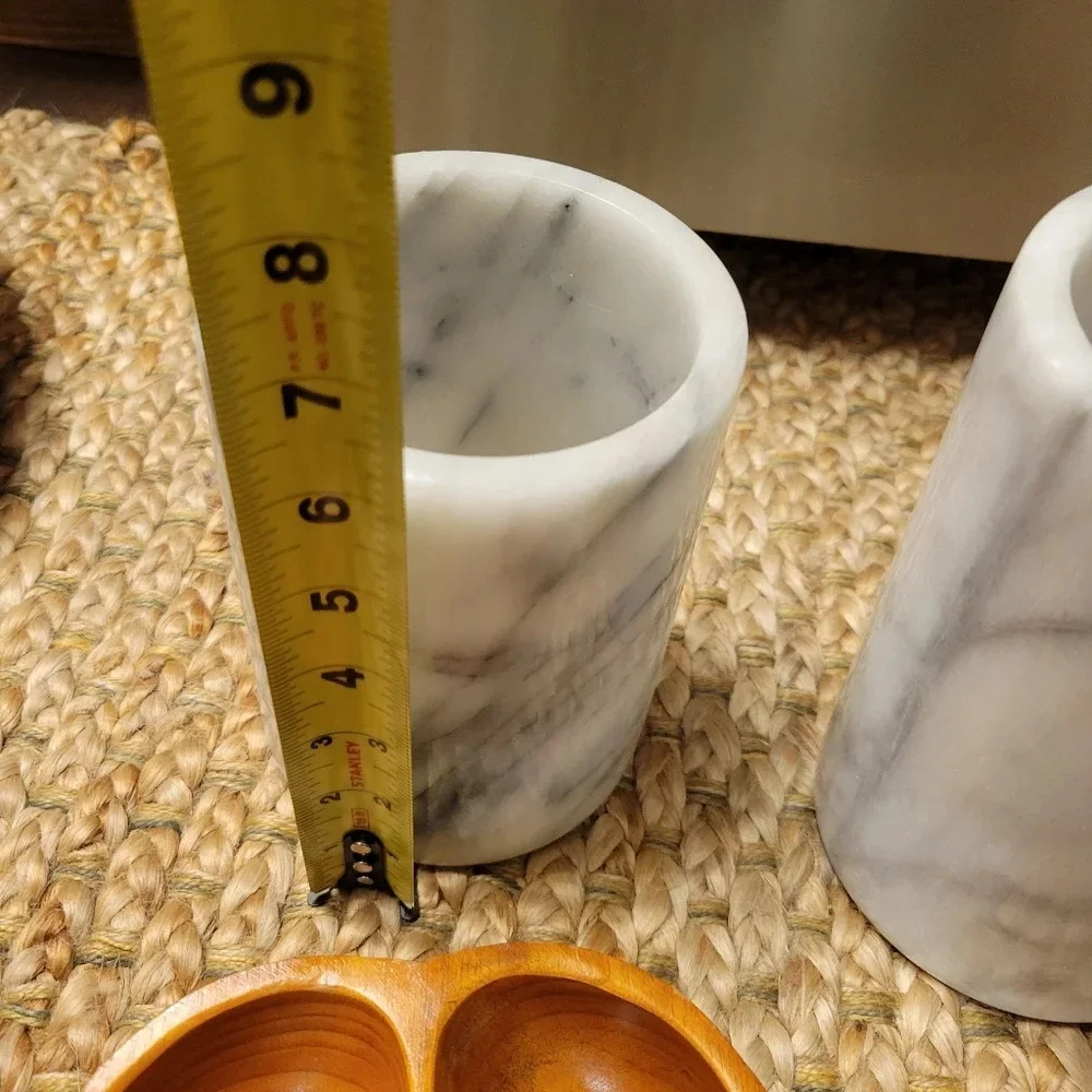 Genuine Marble Utensil Holder Crock Kitchen Modern Organic White Gray